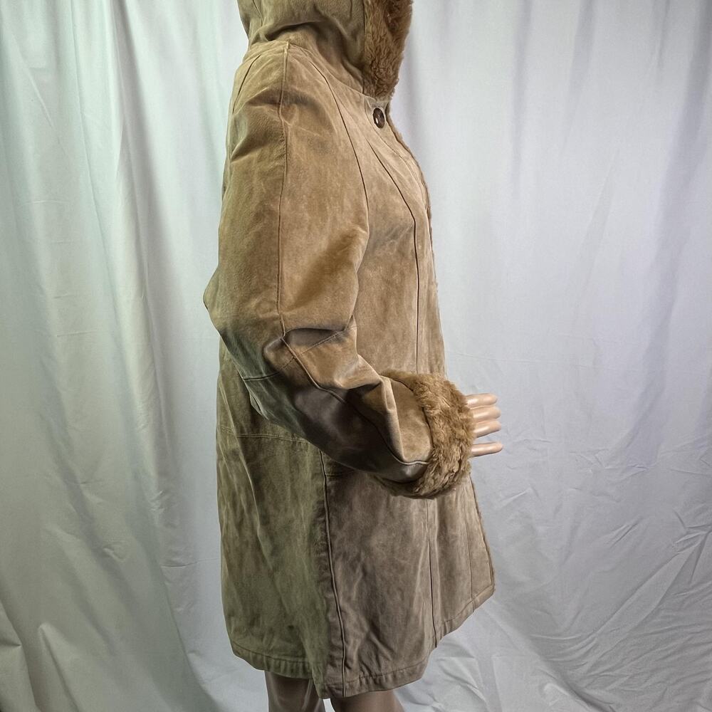 Gallery Coat Womens Xs Brown Leather Hooded Faux Shearling Lined Button Parka View 4